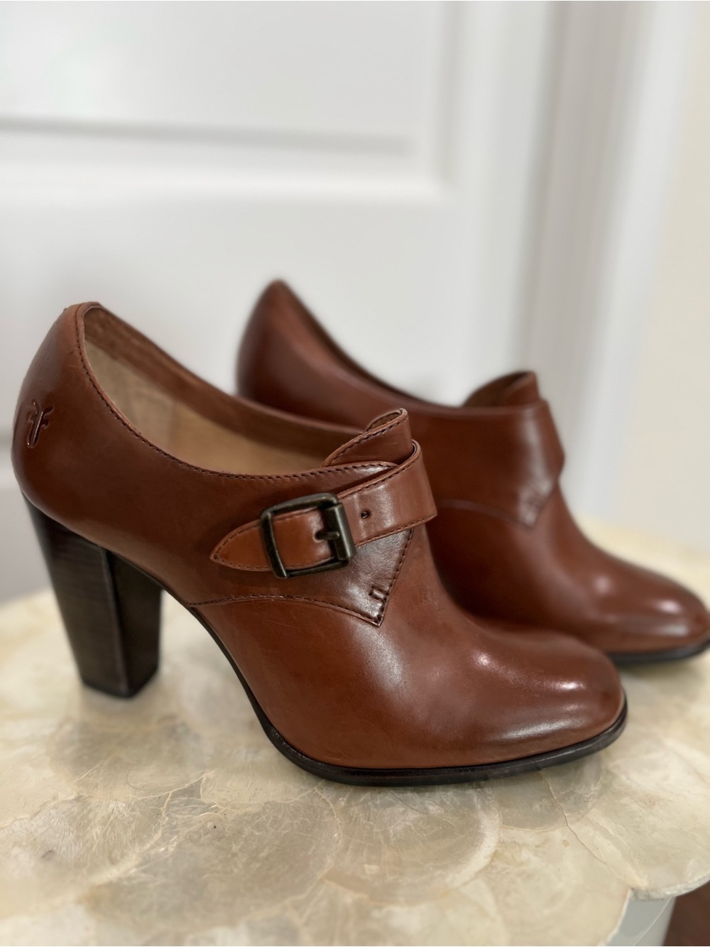 Frye 3472-COG Brown Leather Monk Strap Heeled Booties Size 7.5M